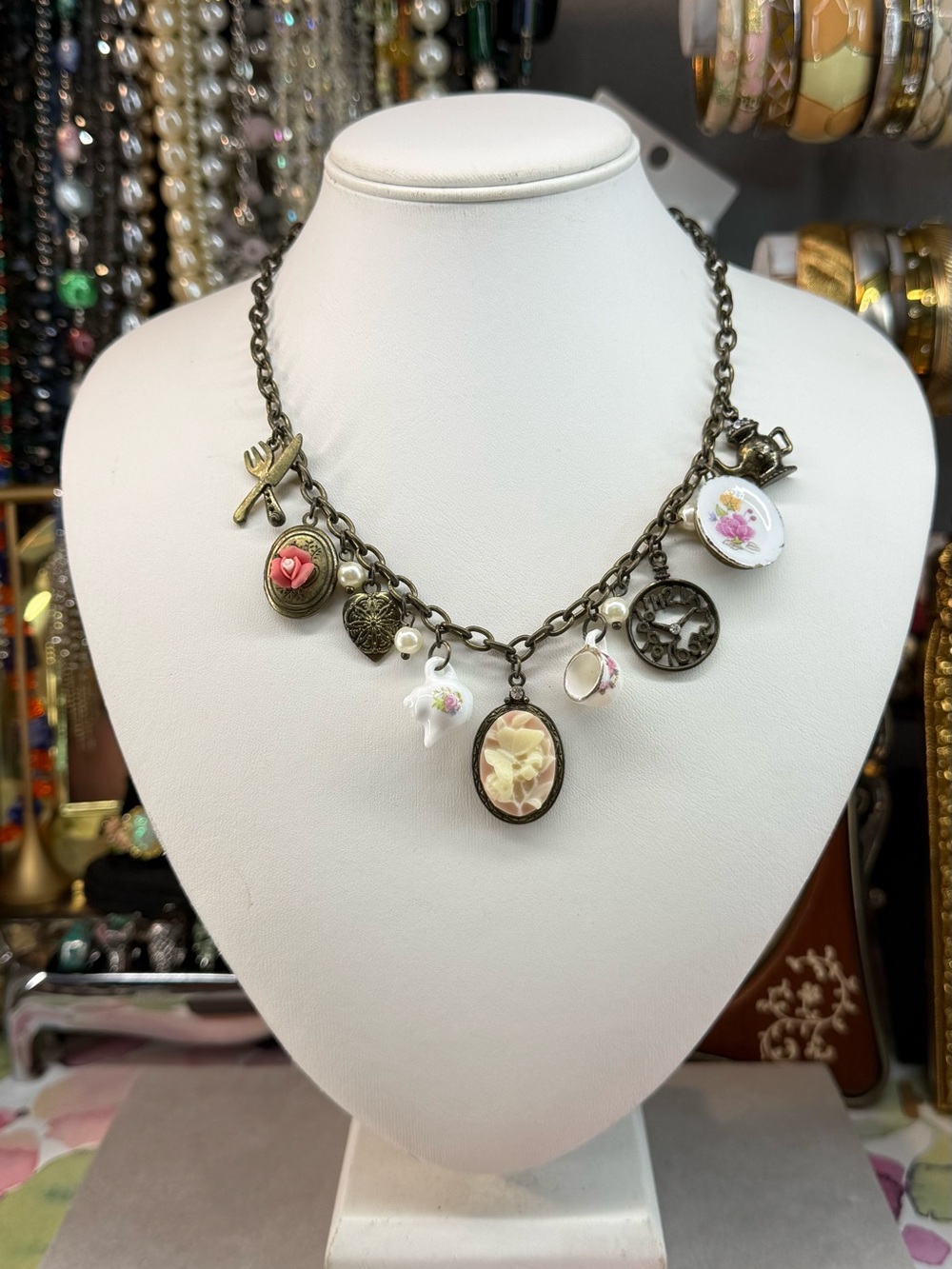 Vintage Floral Charm Necklace - Bronze with Pink and Cream Charms